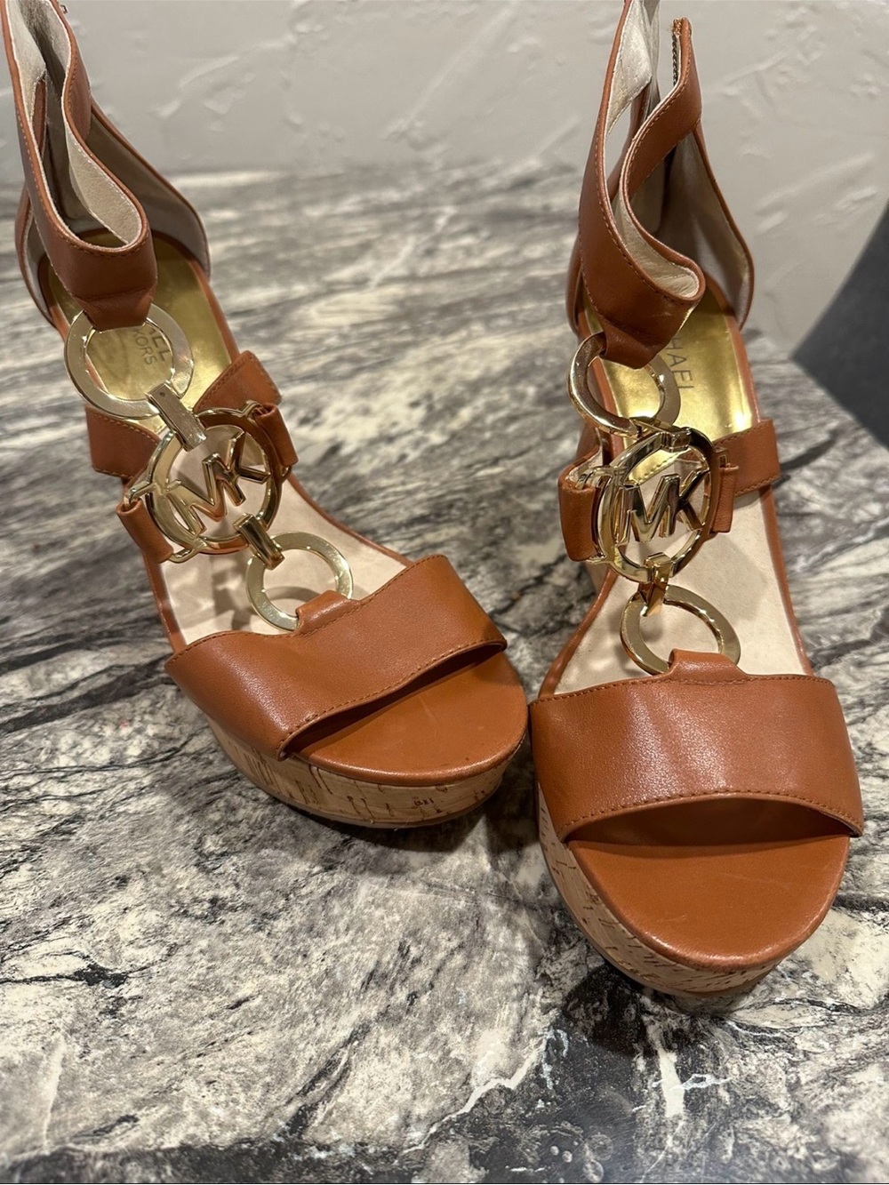 Michael Kors Cognac Leather Platform Wedge Sandals with Gold MK Accents